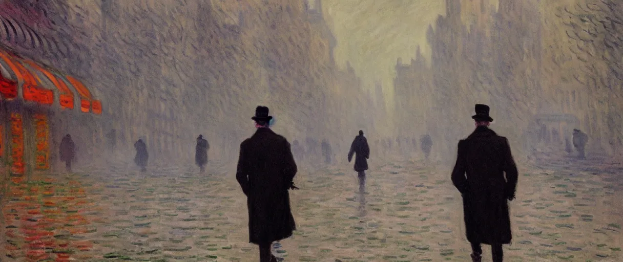 Prompt: a drunk and depressed film noir detective in a trench-coat, walking along a street; a painting by Claude Monet