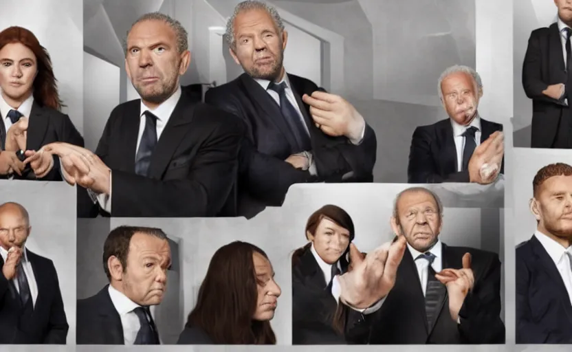 Image similar to alan sugar hands wailing. dream sequence. the apprentice