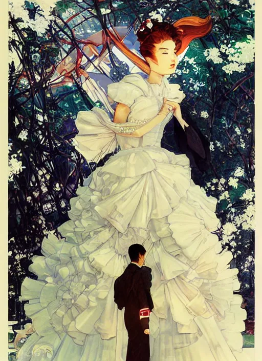 Image similar to a low angle copic maker art nouveau portrait of nobara kugisaki detailed features wearing a puffy futuristic wedding dress designed by balenciaga by john berkey, norman rockwell akihiko yoshida