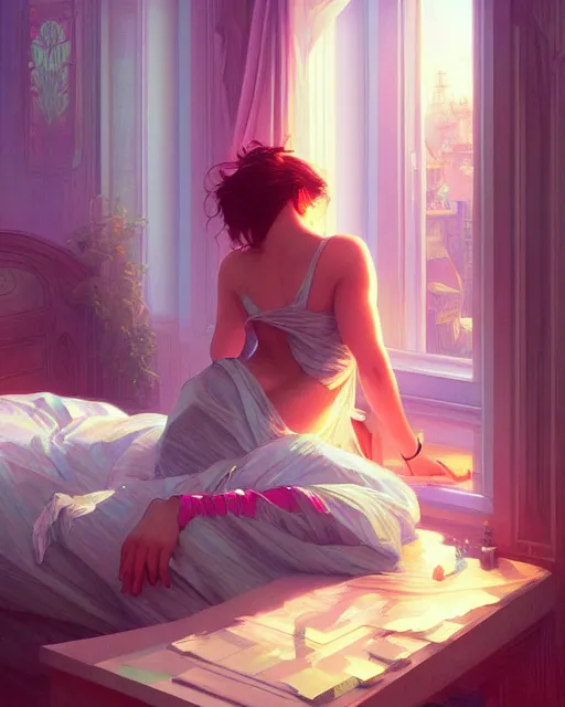 Image similar to emily rajtkowski, vaporwave, bedroom, highly detailed, digital painting, artstation, concept art, smooth, sharp focus, illustration, art by artgerm and greg rutkowski and alphonse mucha