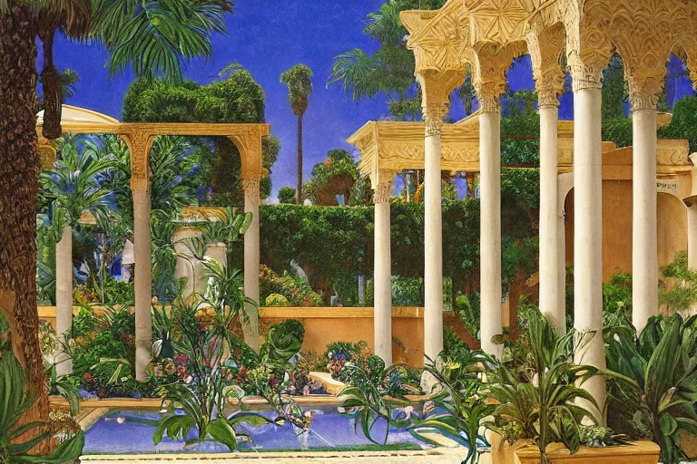 Prompt: painting of a beautiful moorish palace courtyard garden, by maxfield parrish and evelyn de morgan and waterhouse and dante rossetti, patterned tilework, palm trees, tiled fountains, sun and shade, extremely detailed, dramatic cinematic lighting, smooth sharp focus, featured on artstation