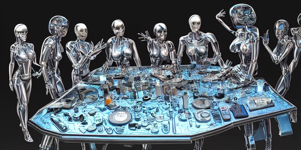 Image similar to !5 diverse cyborgs on !one_side of a reflective !cybernetic table, !!posing_as_last_supper, inticrate detailed glowing implants, !!highly detailed, beautiful lighting