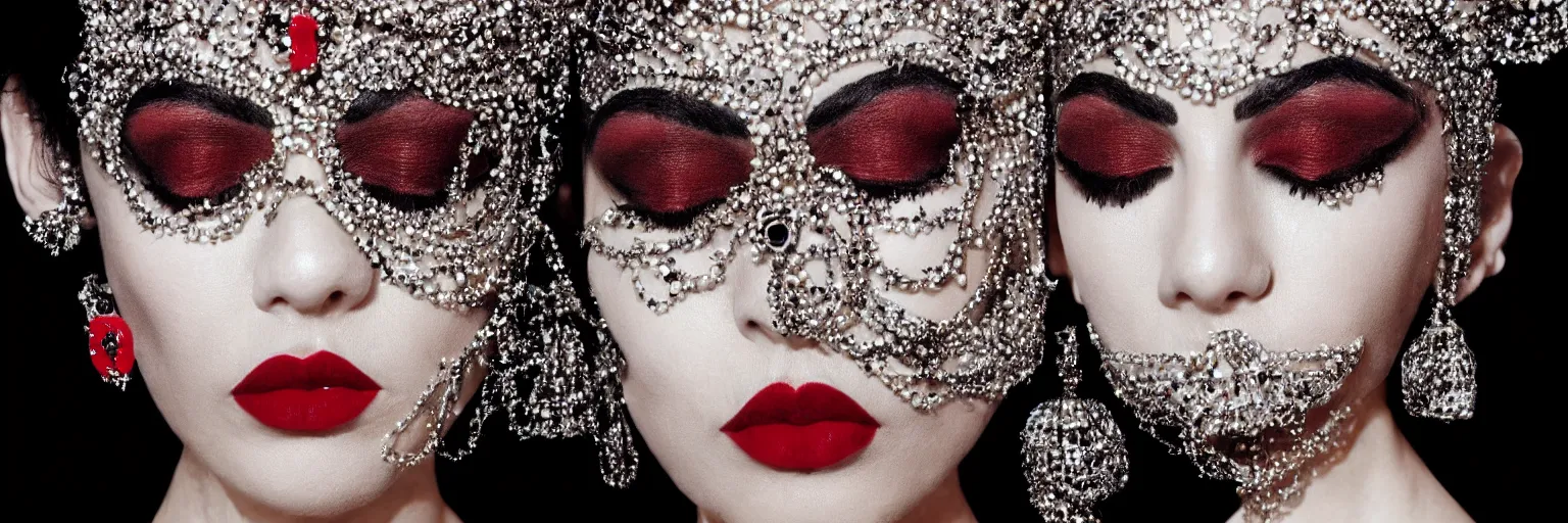 Prompt: a photograph of a woman with dark make-up around her eyes and red lipstick with slicked-back black hair wearing an outrageous Alexander McQueen mesh face jewelry across her face, encrusted with hanging beads and diamonds, haute couture, high fashion, Eiko Ishioka, film still, 16mm