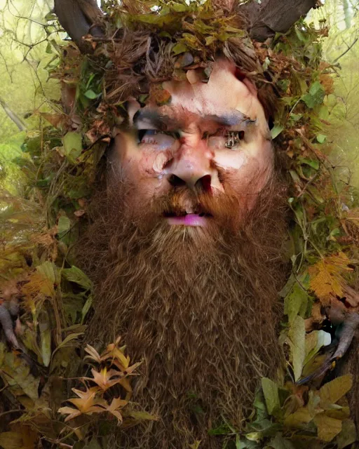 Image similar to patrick rothfuss as a forest druid with ram horns and leaves in his beard | highly detailed | very intricate | symmetrical | cinematic lighting | award - winning | closeup portrait | painted by donato giancola and mandy jurgens and brian froud | featured on artstation