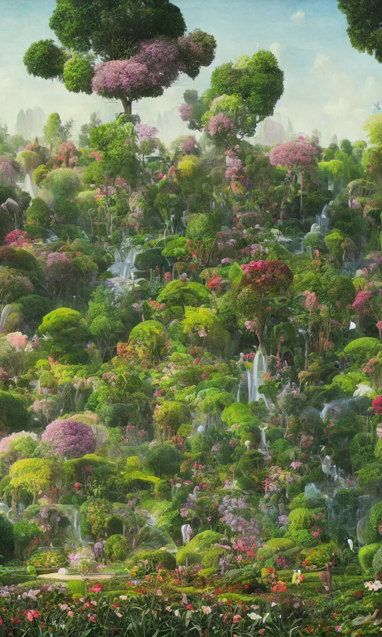 Image similar to bosch and beeple painting of a magnificent garden