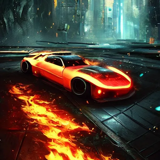 Prompt: cyberpunk car on fire in the middle of the woods stylized artgerm artstation hd cgsociety cgi realistic dramatic cinematic artistic trending detailed