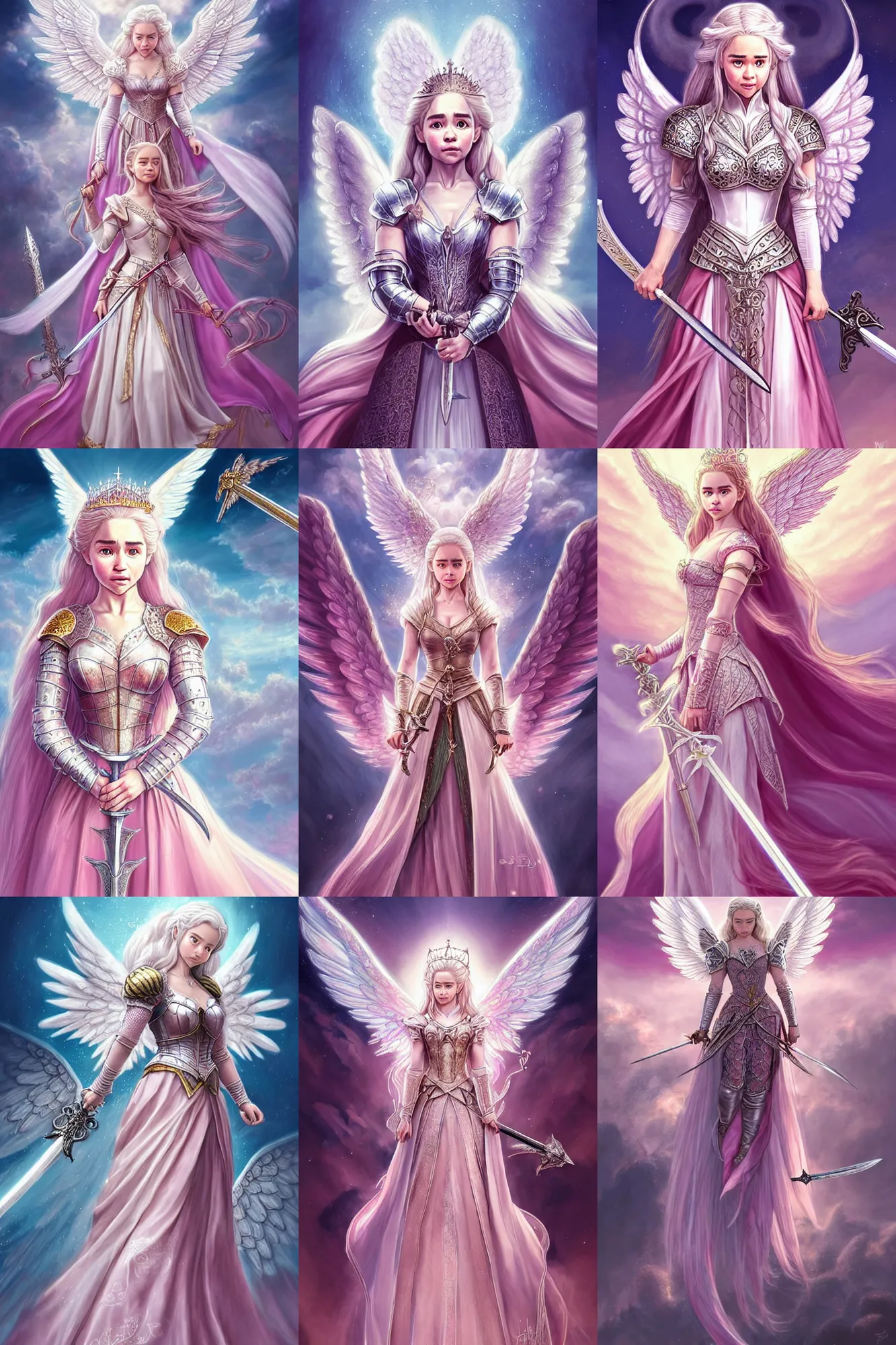 Prompt: gorgeous!! hyper - realistic princess resembling emilia clarke wearing ornate pink knight armor, angel wings, angemon l holding a long sword | divine, elegant, ethereal, heavenly, clouds, holy city | illustration, intricate, high detail, ultra graphics, daz | drawn by wlop, drawn by jeehyung lee, drawn by artgerm