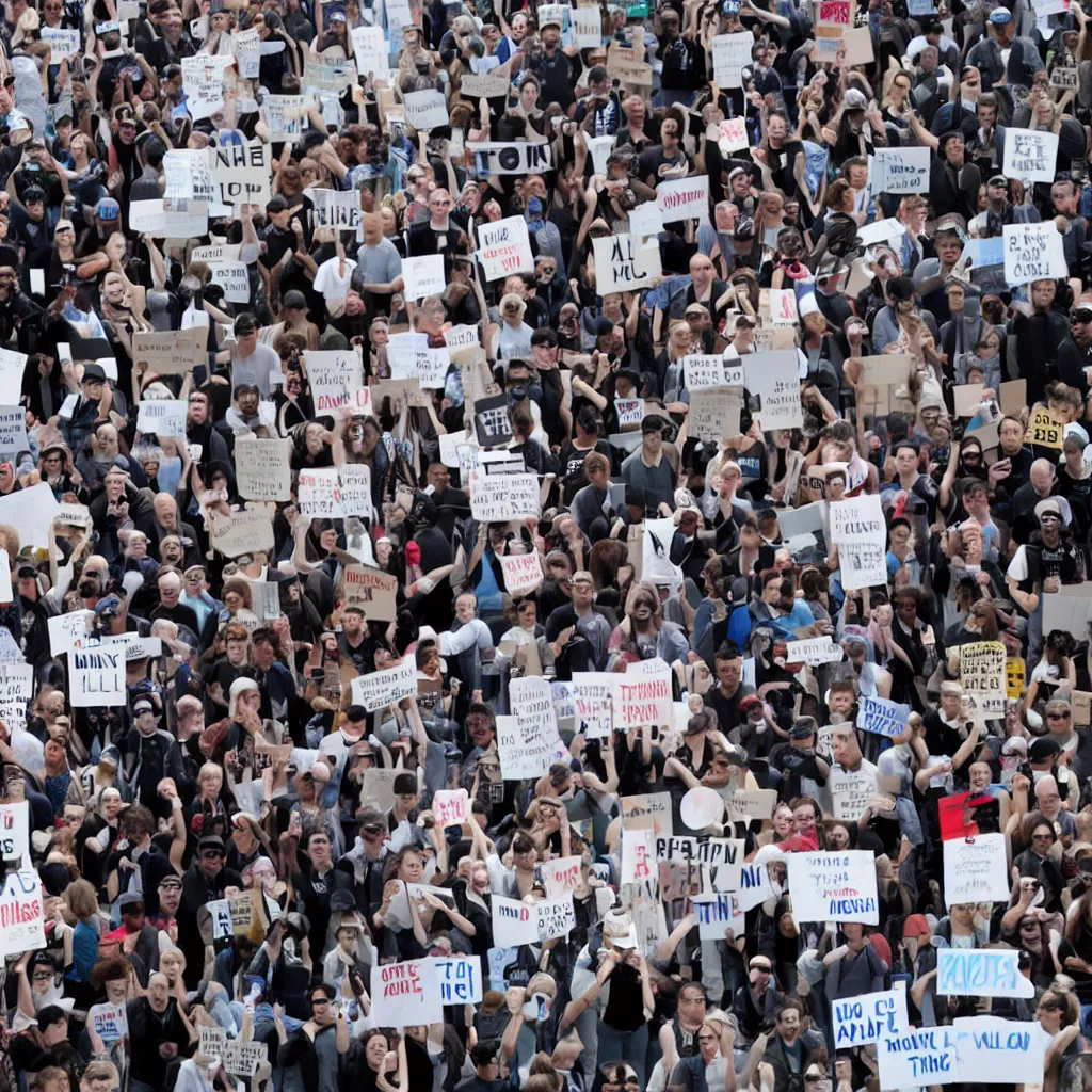 Prompt: many clones of elon musk protesting in the street, street photo. 4k