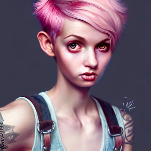 Image similar to full body pose, pixar, beautiful androgynous girl, pink pixie cut hair, torn overalls, short shorts, combat boots, fishnets, beautiful, highly detailed face, true anatomy!, extremely detailed!, digital painting, unreal engine 5, art by tom bagshaw