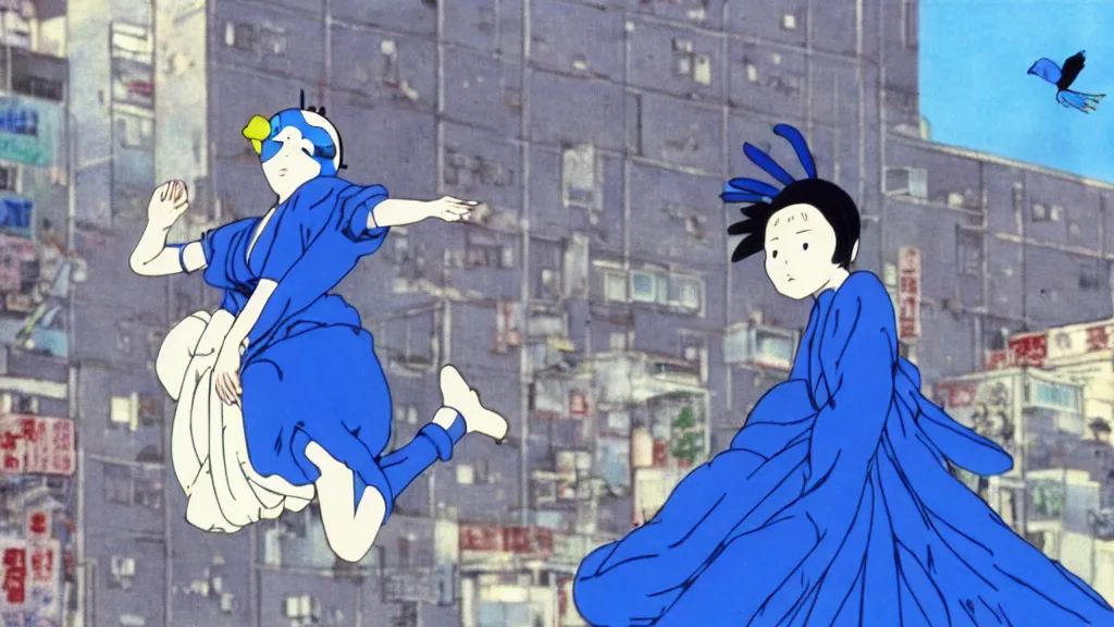 Image similar to a woman wearing a blue dress and wearing a blue bird mask falling from a building in Tokyo, anime film still from the an anime directed by Katsuhiro Otomo with art direction by Salvador Dalí, wide lens