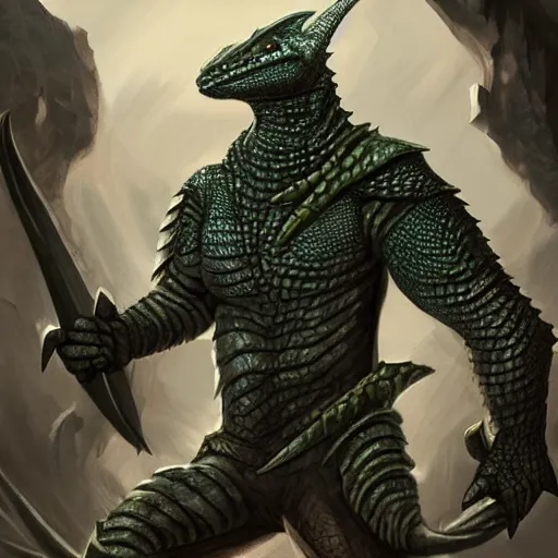 Image similar to lizard wearing oiled leather rogue armor, Lizardman thief, D&D, argonian, mideival setting, digital painting, highly detailed, concept art, sharp focus, artstation