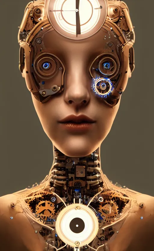 Image similar to a clockwork female robot, half human half robot, diffuse lighting, fantasy, intricate, elegant, highly detailed, lifelike, photorealistic, digital painting, artstation