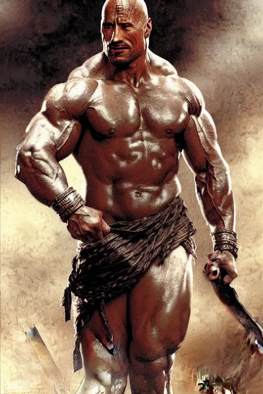 Prompt: Dwayne Johnson as gladiator, muscular, detailed face, correct face, painting by Gaston Bussiere, Craig Mullins