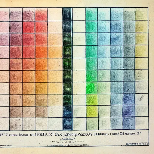 Prompt: old scientific drawing of colour charts and prisms