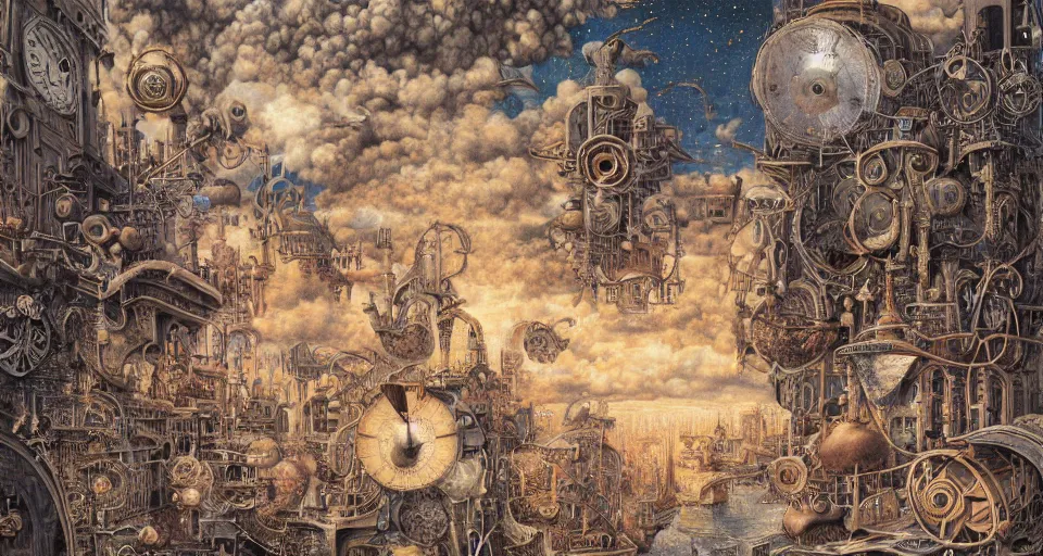 Image similar to pastel colours, guido borelli da caluso, richard dadd, smooth paper with detailed line work, Mandelbulb, Exquisite detail perfect symmetrical, silver details, hyper detailed, bold intricate ink illustration, smooth textures, steampunk, smoke, neon lights, starry sky, steampunk city, liquid polished metal, by jesper ejsing