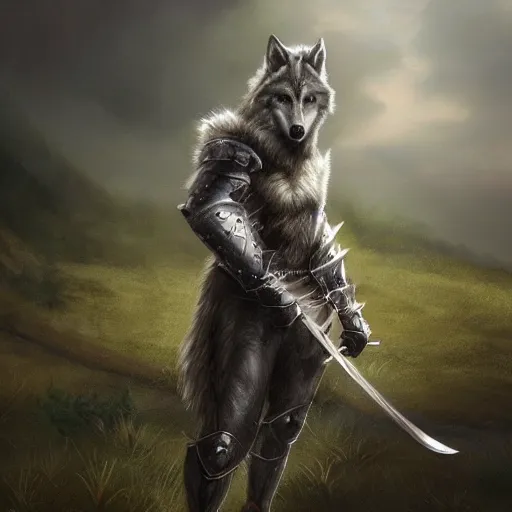 Prompt: anthropomorphic wolf 1 0 1 0 knight wearing fantasy armor, holding a sword, soft focus, soft light, foggy landscape, amazing detail, realistic fur, looking at camera