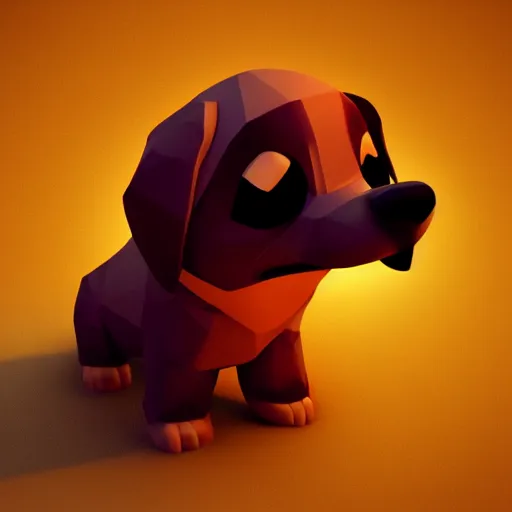 Prompt: warm cute low poly dog pixar disney cuddle close up dramatic warm lighting