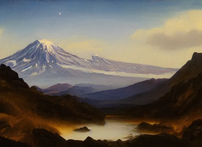 Prompt: mt. ruapehu, new zealand in the style of hudson river school of art, oil on canvas