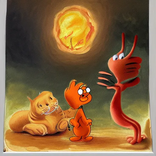 Image similar to creation of adam painting with garfield the cat and lasagna