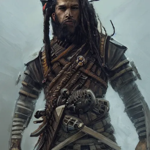 Image similar to Portrait of a man by Greg Rutkowski, a young, strong and hard-eyed warrior with brown hair with dreadlocks, wearing a futuristic tactical gear that looks like a mix between the samurai, viking and templar aesthetics, mix between tribal and hi-tech, highly detailed portrait, scifi, MMORPG, digital painting, artstation, concept art, smooth, sharp foccus ilustration, Artstation HQ