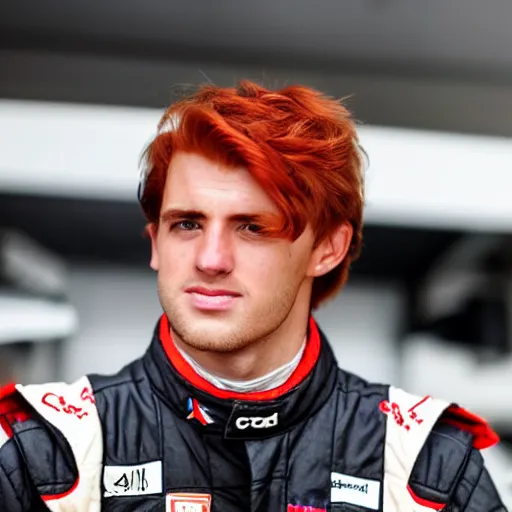 Prompt: a realistic detailed photo of a handsome guy who is an f 1 driver, with red hair