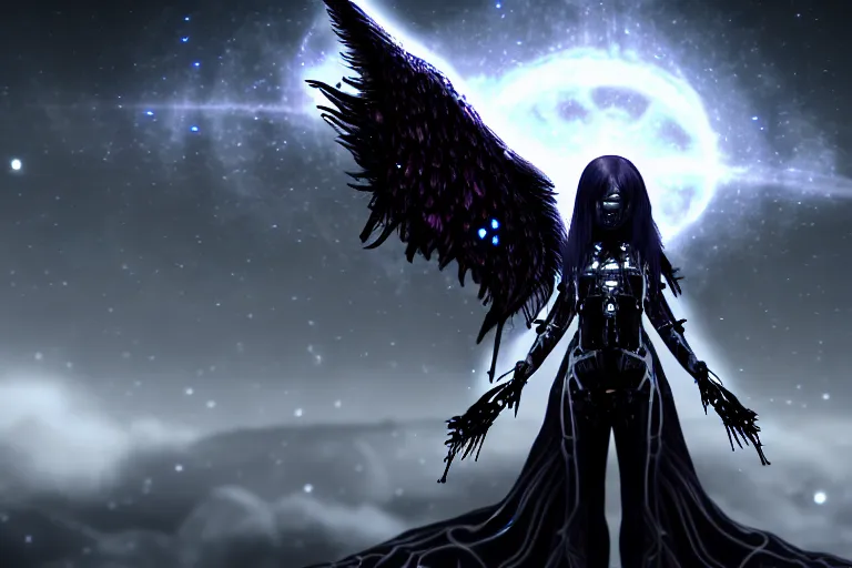 Prompt: gothic girl hybrid cyborg angel wearing cybor clothes shaping the universe, eerie, cinematic, epic, 8 k, ultra realistic, rendered by awesomeness. | nights falling wind is blowwing snow is pilling concept art. | backround of beautiful floweres