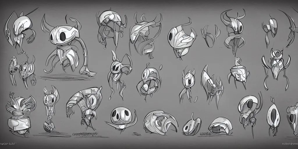 Prompt: cartoonish hollow knight, character sheet, fine details, concept design, contrast, front view, back view, ultra wide angle