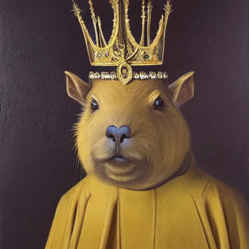 Image similar to an oil painting portrait of a capybara wearing medieval royal robes and an ornate crown on a dark background