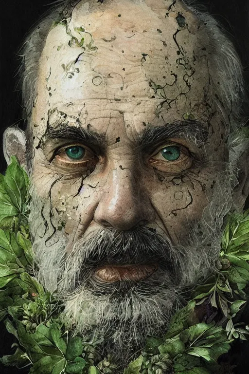 Prompt: portrait of hairy old man with aquarelle painted skin. close up. very dark black hair, green eyes. intricate dark flowers pattern in face and background, high detail, by greg rutkowski