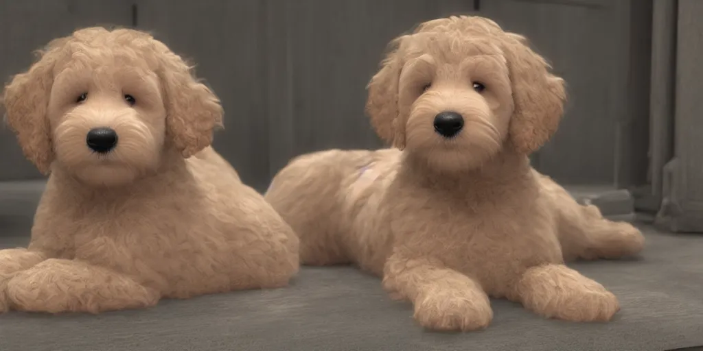 Prompt: adorable goldendoodle puppies and dogs, pixar render, brilliant style by Artstation, Artstation Trending, cgsociety, high quality, very coherent, ultra realism, high definition, post processing, unreal engine, 8k, high resolution, octane render, high contrast, 4k UHD, photographic, digital art, artstation,