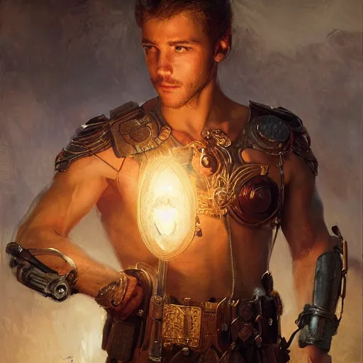 Image similar to handsome portrait of a young guy fitness posing, war hero, studying, radiant light, caustics, reflective water, by gaston bussiere, bayard wu, greg rutkowski, giger, maxim verehin