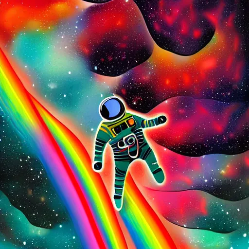 Image similar to space astronaut floating of away from the earth, complex wavy rainbow lines, particals and distortion, in the style of Ori Toor