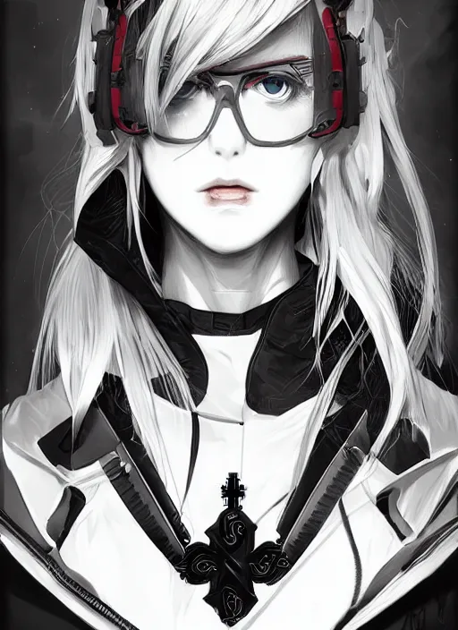 Image similar to techwear occultist, white hair home cut red eyes, by kyoto animation, chaos magick, leviathan cross, androgynous, beautiful, detailed symmetrical close up portrait, intricate complexity, in the style of artgerm and ilya kuvshinov, cel shaded