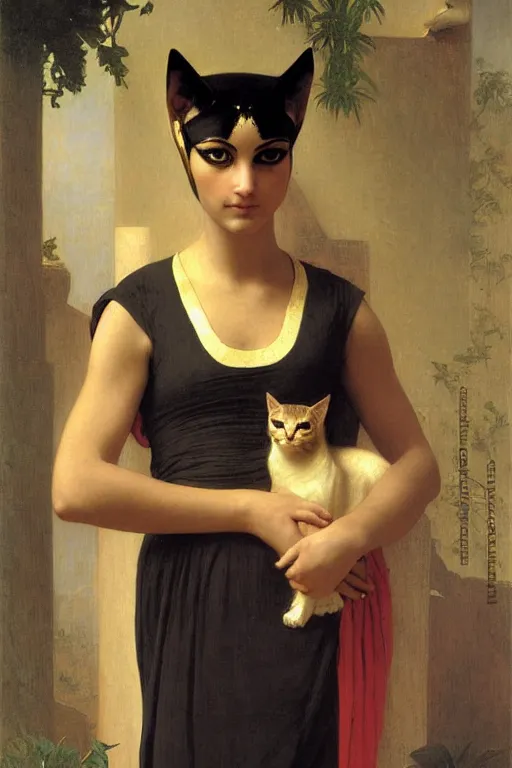 Prompt: bastet, egyptian cat goddess, painting by william adolphe bouguereau