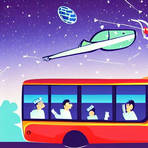 Prompt: a bus driving in outer space with money flying out of the bus windows. illustrated, high resolution