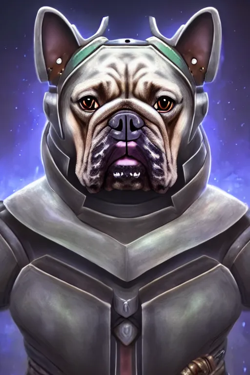 Image similar to a simple and atmospheric cell - shaded fantasy character concept art portrait of a robotic bulldog as a druidic warrior wizard looking at the camera with an intelligent gaze, very muted colors, by studio ghibli