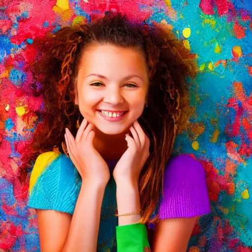 Image similar to a colorful girl with high detail smiles sweetly