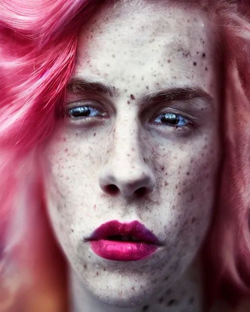 Image similar to !dream Portrait of an androgynous man, close-up, high sharpness, zeiss lens, fashion photo shoot, flowers, pink hair, freckles, Red lipstick, on metal background, Annie Leibovitz and Steve McCurry, David Lazar, Jimmy Nelsson, artistic, hyper-realistic, beautiful face, octane rendering