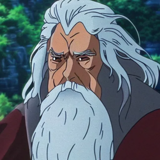 Image similar to gandalf from the anime lord of the rings (1986), studio ghibli, very detailed, hyperrealistic