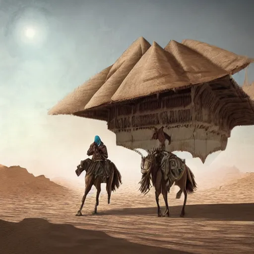 Prompt: last oasis, nomads wandering the desert concept art