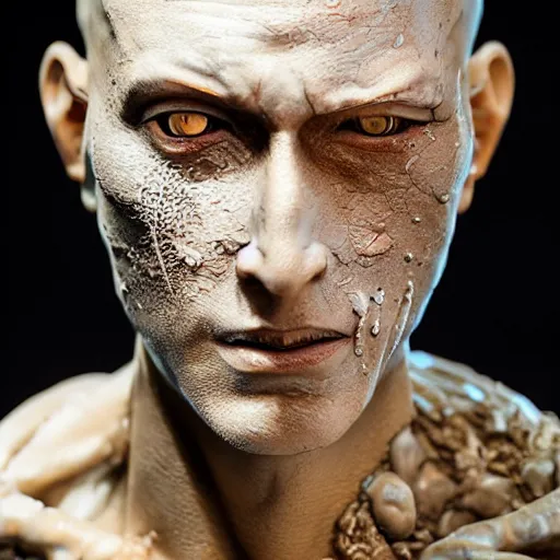 Image similar to photo taken of an epic intricate, ultra detailed, super realistic gritty, wet, lifelike sculpture of saitama from one ounch man with patches of skin created by weta workshop, zoomed in shots, subsurface scattering, photorealistic, sharp focus, white wall coloured workshop, cold colour temperature, f 0. 4, face centred, golden ratio