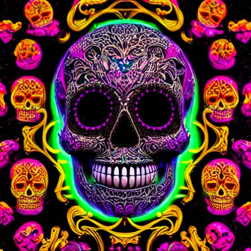 Prompt: a highly detailed photographic render of intricately carved sugar skull, psychedelic, black background, neon light, intricate ornament, gilding, horror, dark fantasy, beautifully lit, ray traced, octane 3D render in the style of Gerald Brom and James Gurney