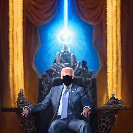 Image similar to Joe Biden with glowing lens flare eyes sitting on a throne made out of human skulls, oil painting