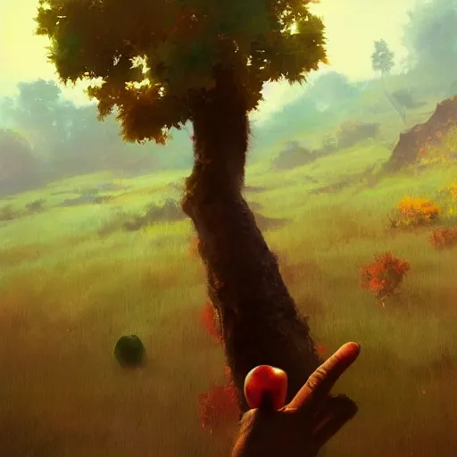 Image similar to the hand is reaching for the apple, painting by Craig Mullins, octane rendering, soft morning lighting, wide angle lens, in the style of Hayao Miyazaki, trending on artstation,