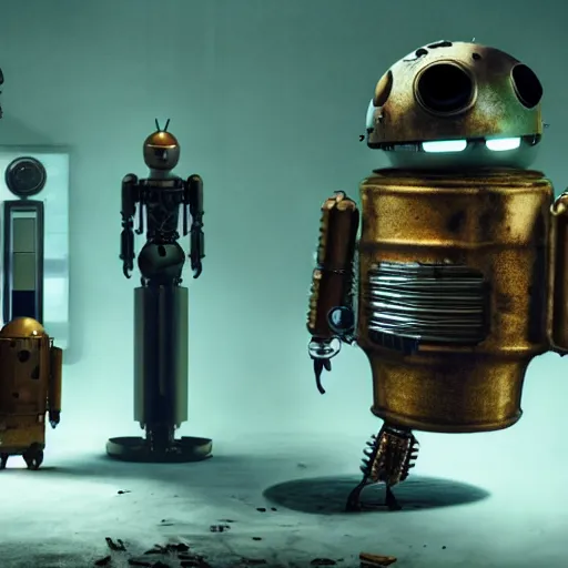 Prompt: a rusting female android holds a broken toaster in her arms, steampunk, android with gears and springs falling out, highly detailed robotic anatomy, high resolution film still, movie by Denis Villeneuve