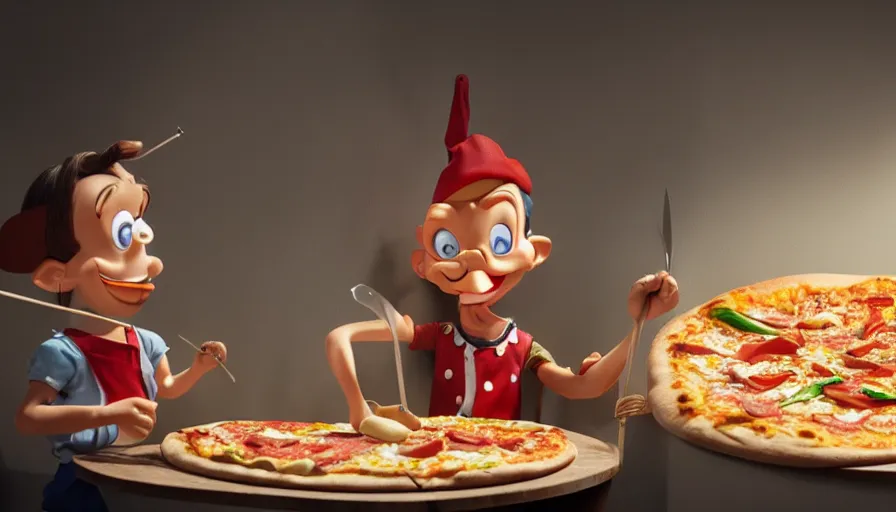 Image similar to pinocchio making pizza, photorealistic rendering. artstation, 4 k, hyperrealism