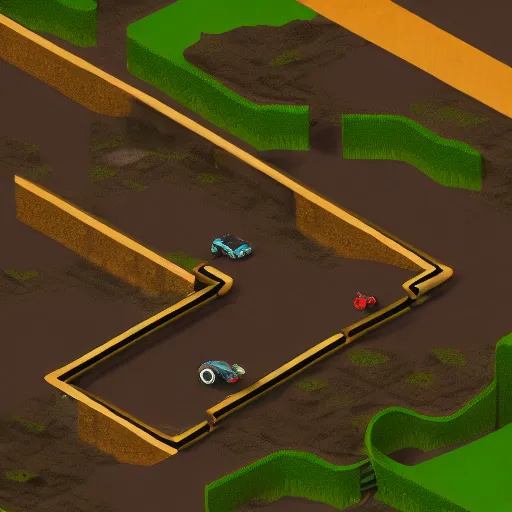 Image similar to isometric top-down Super Off Road game, hilly track, jumps, obstacles on the road, isometric, arcade, High Resolution Textures, volumetric lighting, Unreal Engine, 4K, RTX on.