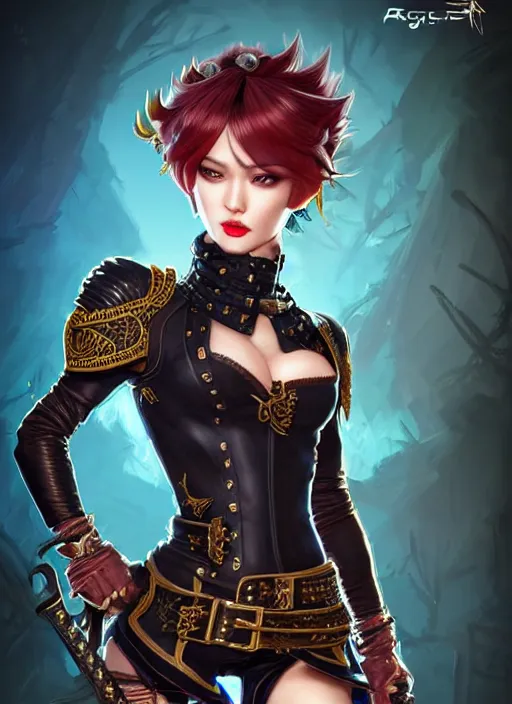 Image similar to rogue, fantasy ornate leather bandit outfit!!! close - up portrait beautiful and athletic short hair female!! gorgeous face and eyes!! character concept art, sharp focus, octane render! unreal engine 5! highly rendered!! trending on artstation!! detailed linework!! illustration by artgerm, chie yoshii, and wlop