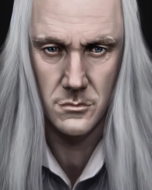 Image similar to portrait of 4 0 - year - old man with long white hair with a pale complexion, malfoy lucius, clear face, pointed face and grey eyes, hyper realistic face, beautiful eyes, character art, art by mark brooks, hyperdetailed, cryengine, trending on artstation, digital art