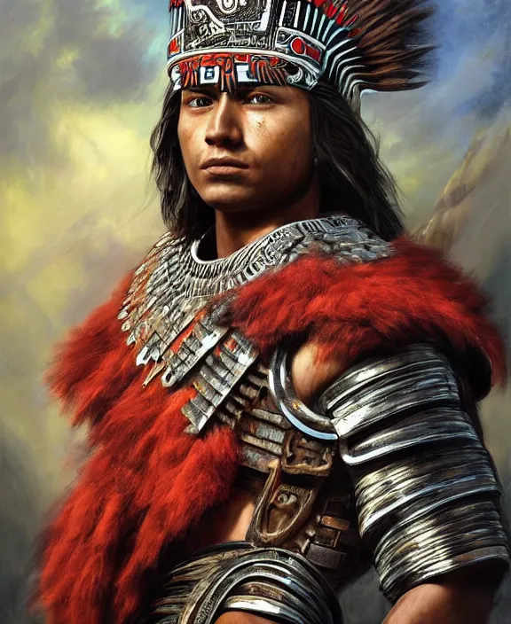 Prompt: portrait of a handsome young aztec warrior, art by denys tsiperko and bogdan rezunenko and franz xaver kosler, hyperrealism, fantasy art
